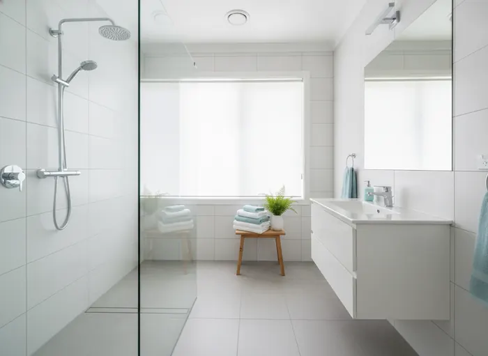 Bright bathroom with streak-free glass shower, polished chrome and neatly folded blue and white towels