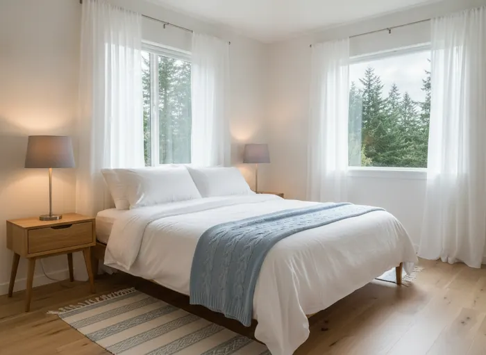 Calm bedroom with a crisply made white bed, pale blue throw and sunlight through sheer curtains