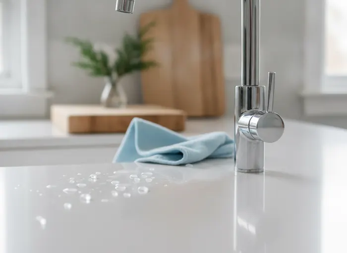 Close-up of a polished chrome faucet and white counter with water droplets sparkling in the sun beside a folded pale blue cloth