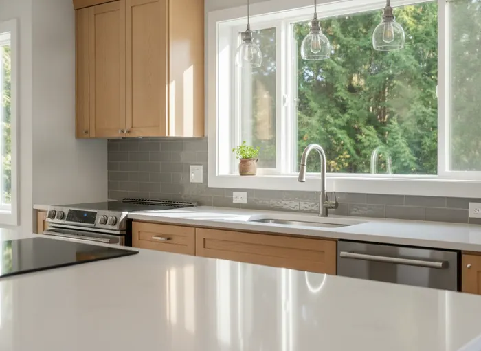 Bright kitchen with spotless white counters, a stainless range and windows onto cedar trees