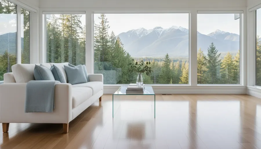Bright living room with a white sofa and pale blue cushions, gleaming wood floor and windows onto evergreens and snowy mountains