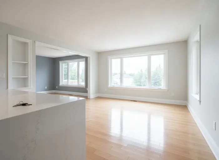 Empty bright living room with spotless wood floors and a set of keys on a clean kitchen counter