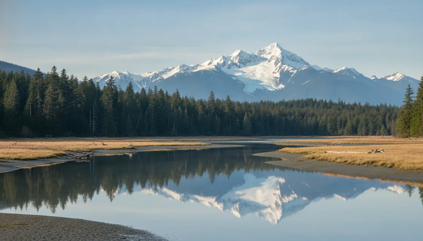 Calm estuary with evergreen forest and a snow-capped glacier mountain behind it on a clear morning